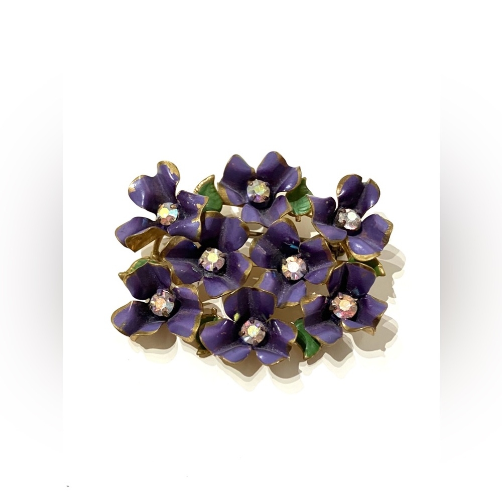 Vintage Gold Tone Enamel Violets Brooch